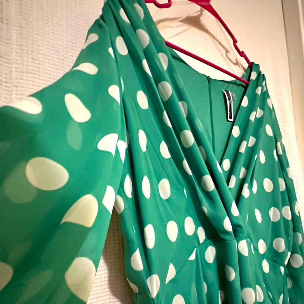 Julian Taylor Kelly green polka dot wrap style dress with shear long sleeves